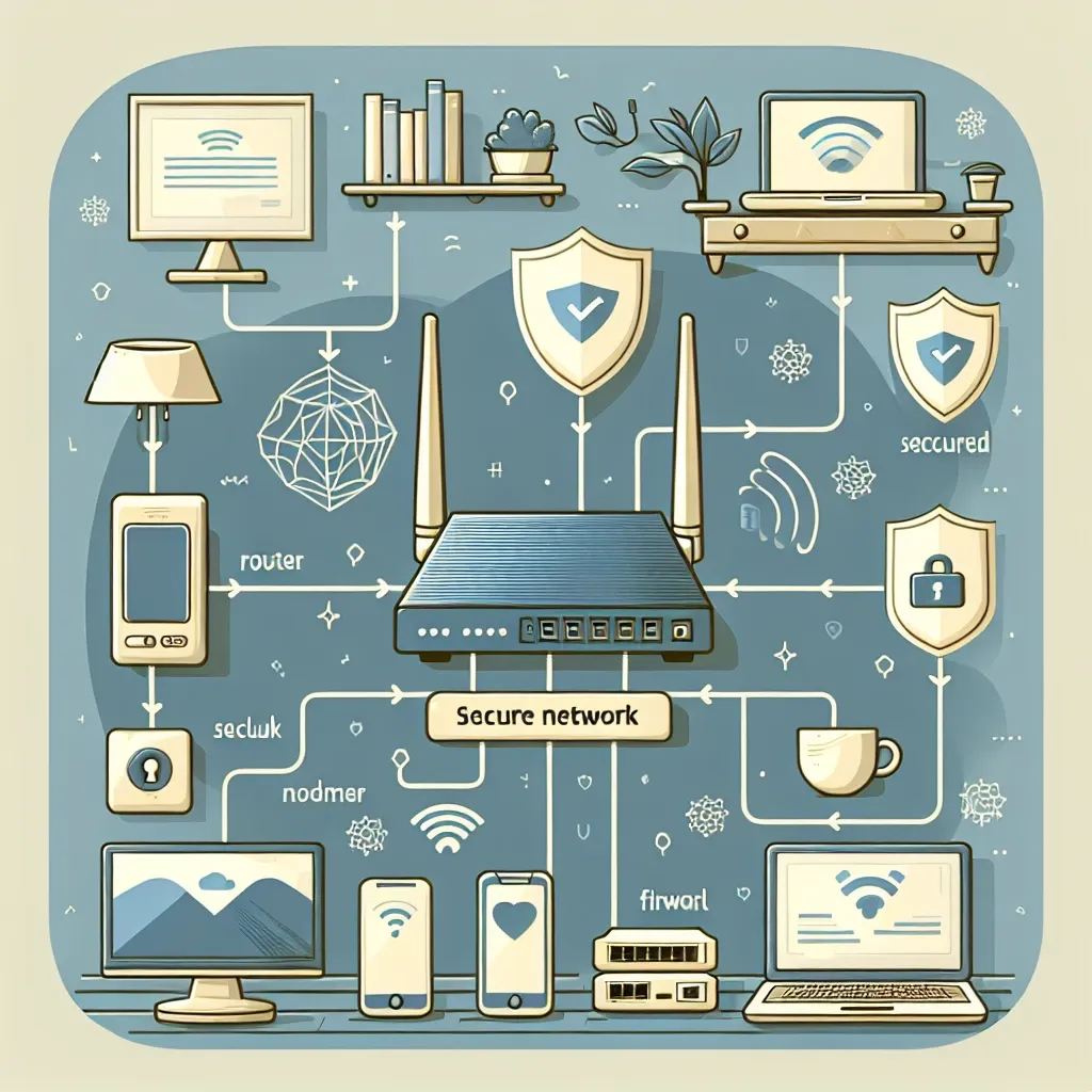 "Diagrama ilustrativo de cómo configurar una red doméstica segura, mostrando pasos clave como el cambio de contraseña del router, la activación del firewall y la configuración de una red Wi-Fi protegida, en el artículo 'Cómo Configurar una Red Doméstica Segura: Guía Completa'."